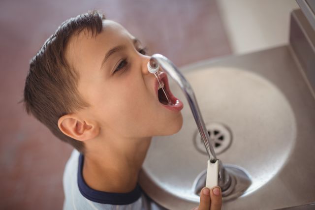 Young boy drinking water from a faucet at school. Ideal for illustrating concepts of hydration, school life, childhood activities, and healthy habits. Suitable for educational materials, health campaigns, and school-related content.