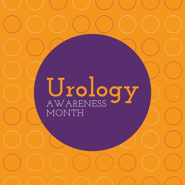 Illustration of urology awareness month text in violet circle and scribbles on orange background. Vector, copy space, urological disease, cancer, support, awareness, healthcare and prevention.