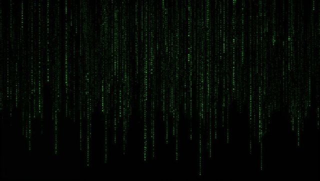 Neon green code rain cascading over dark cyber grid, matrix digital data stream