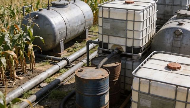 Ibc totes and rusted drums by cornfield for on-farm liquid storage and irrigation