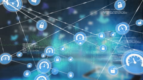 Digital Network Icons and Data Processing Animation Background
