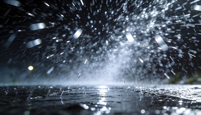 Night rain hitting wet pavement, creating bright bokeh splashes, reflective puddles