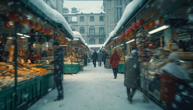 Winter market stalls covered in snow with festive lanterns