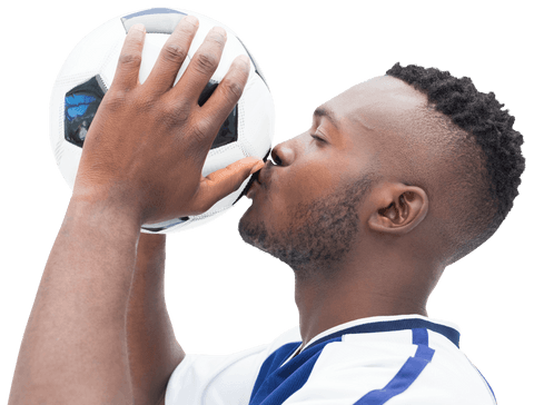 African american footballer on transparent background kissing soccer ball