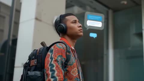 Man Receiving AI-Generated Chat Bubbles While Walking Through City