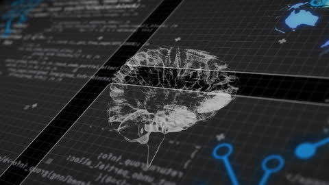 Futuristic Digital Brain Hologram with Data Code Overlay