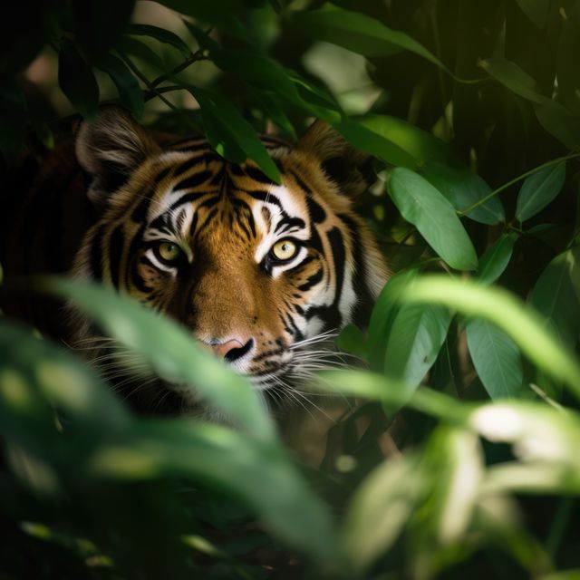 Bengal tiger shown partially hidden among dense jungle vegetation. Ideal wildlife conservation campaigns, nature documentaries, educational materials about wildlife and biodiversity, and promotions focusing on exotic fauna and environmental protection.