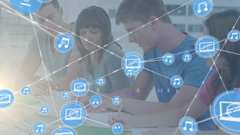 Diverse Students Collaborating with Digital Graphical Overlays