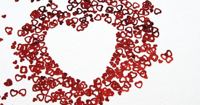 Image featuring a heart shape made from red heart-shaped confetti spread out on a white background. Ideal for use in Valentine's Day invitations, romance-themed marketing materials, or love-related social media posts.