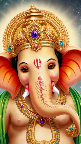 Ganesha blinking and curving trunk against cosmic backdrop with ornate crown vertical video
