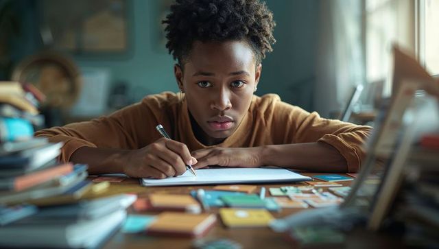Focused young writer at home desk with pencil and paper