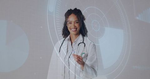 Smiling female doctor interacting with holographic medical interface and digital health hud overlays