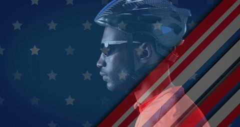 Patriotic African American Cyclist with USA Flag Overlay Design