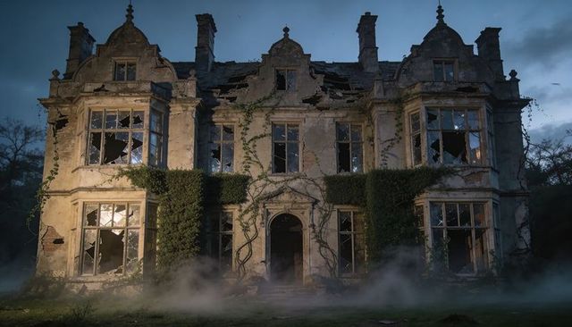 Fog-shrouded abandoned gothic manor with broken windows and ivy overgrowth at twilight