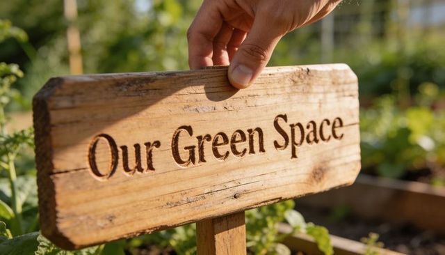 Steadying hand planting rustic wooden our green space sign in sunny raised garden bed