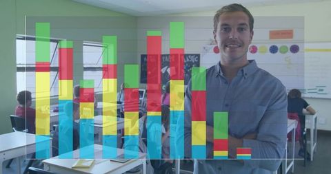 Young teacher presenting classroom performance data with vibrant bar chart overlay