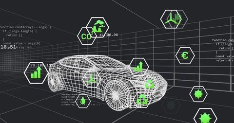 Futuristic Wireframe Car Model with Digital Infographics and Code