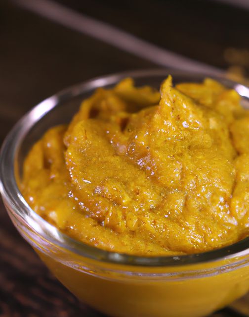 Fresh turmeric paste showcased in a clear glass bowl. The vibrant yellow color highlights its rich, earthy tones. Commonly used in cooking and as an ingredient in various healthy recipes. Great for culinary blogs, health-related articles, and spice product advertisements.
