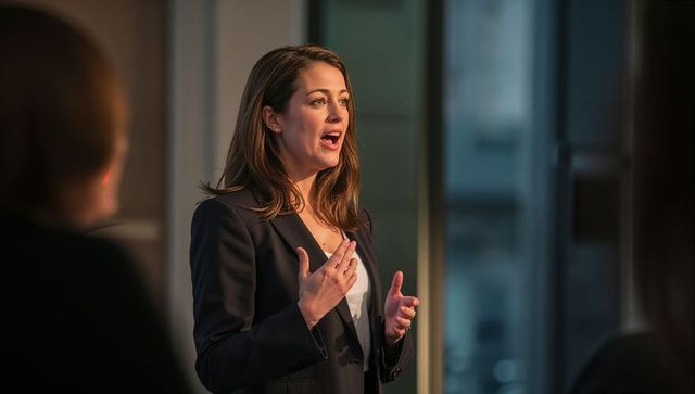 Confident woman presenting in corporate meeting, leading team with expressive gestures