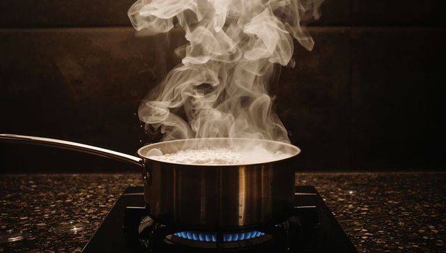 Boiling stainless steel saucepan releasing steam over blue gas flame on stovetop