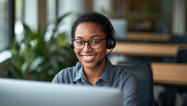 Smiling customer support agent wearing headset and glasses in modern office workspace