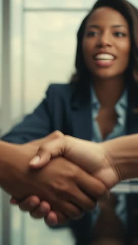 Vertical video: Businesswoman shaking hands and speaking during meeting in modern office