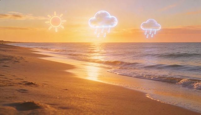 Sunset beach with neon weather icons reflecting on wet sand and ocean waves glowing during golden ho