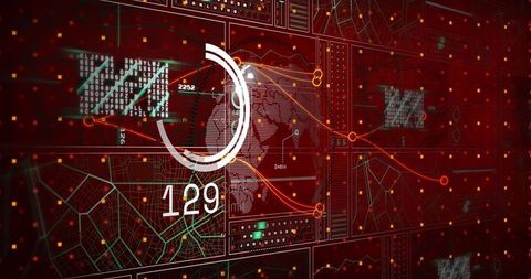 Red tech dashboard showing circular gauge 129 over global data map and network routes