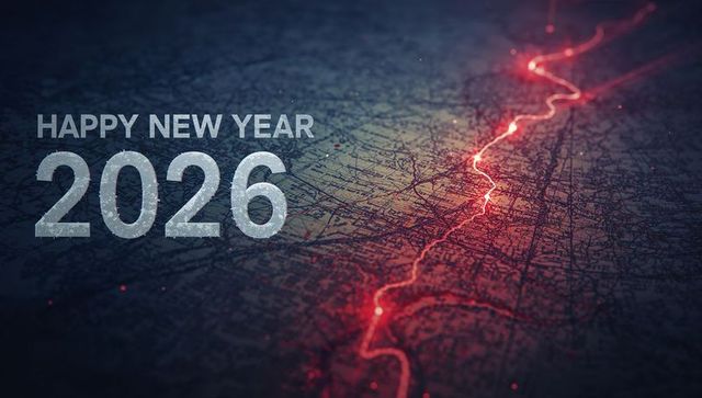 Celebrating 2026 new year with metallic typography over glowing neon topographic map route