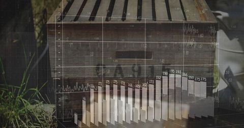 Wooden Beehive with Digital Data Overlay in Eco-Friendly Garden