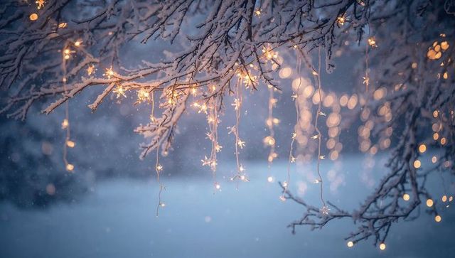 Snow-covered branch with hanging star lights at twilight glow