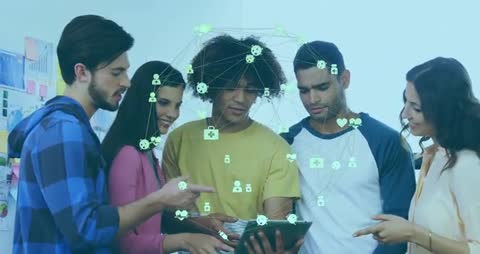 A diverse group of students gathered around a tablet amazes with digital animations. Suitable for educational content, online learning platforms, collaborative projects, and innovative technology ads focusing on youth development and team creativity.