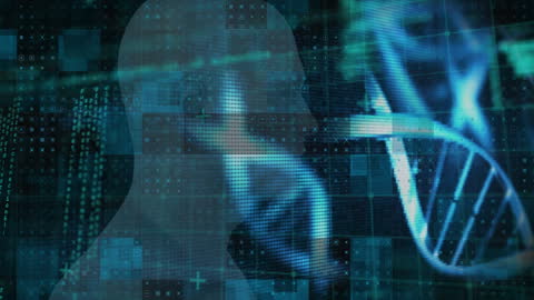 Futuristic Digital Human and DNA Strand with Coding Matrix