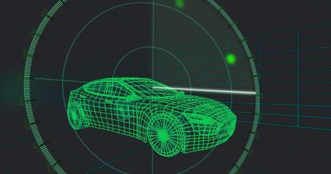 Neon wireframe sedan rotating inside futuristic radar hud over 3d grid with scan beam