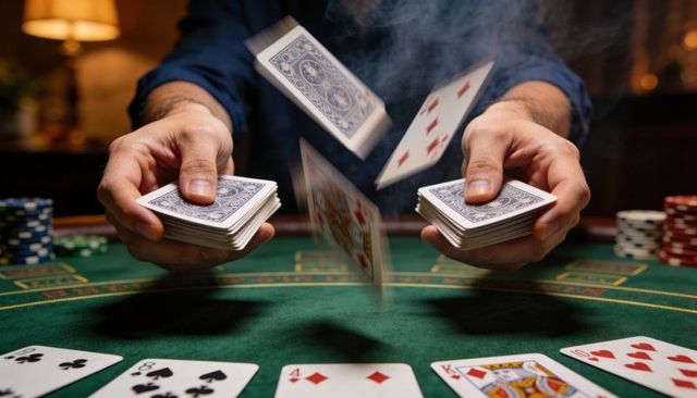Hands shuffling two decks with cards fanning midair on green felt poker table, chips and smoke