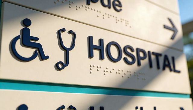 Accessible hospital wayfinding sign showing tactile Braille, medical icons and wheelchair