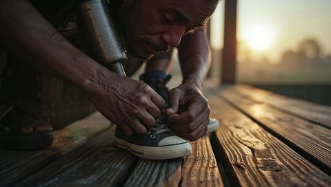 Senior man tying sneaker laces on wooden boardwalk at sunset wearing prosthetic leg