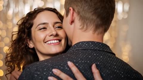 Couple Embracing and Smiling Amid Warm Bokeh Lights, Showing Ring and Stud Earrings