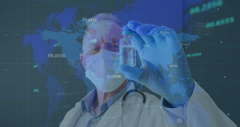 Doctor Analyzing Vial in Front of Digital World Map Background