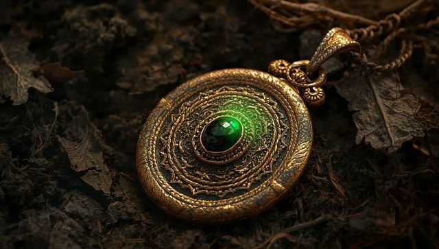 Ornate antique brass pendant with glowing emerald center resting on mossy woodland floor