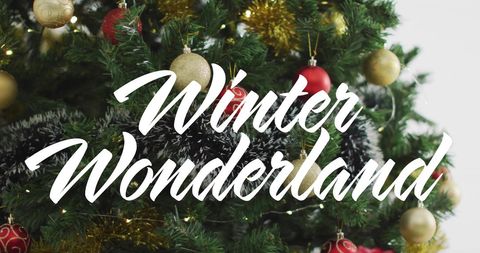 Christmas tree with festive ornaments and winter wonderland text