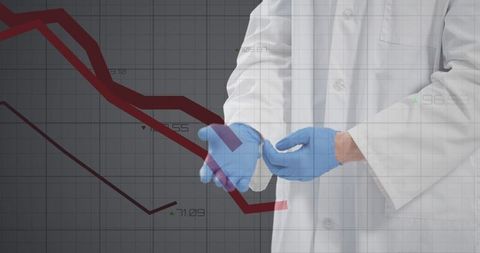 Doctor with Gloves Overlayed with Financial Graph Decline