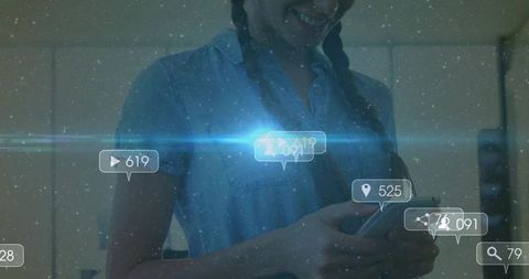 Smiling woman with smartphone checking social media metrics