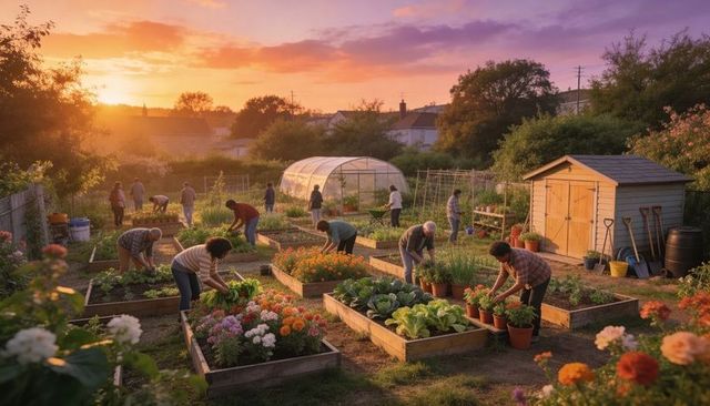 Community gardeners planting and tending raised beds at sunset in neighborhood allotment
