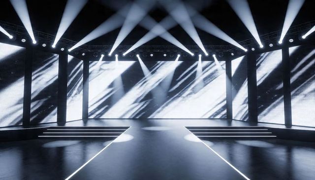 Empty runway featuring led backdrop and dramatic spotlights for fashion shows & events