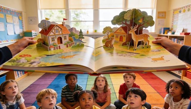 Children sitting on colorful rug listening to giant pop-up storybook in bright classroom