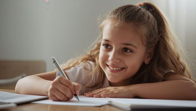 Smiling young girl writing homework at study desk, leaning and focusing in soft light