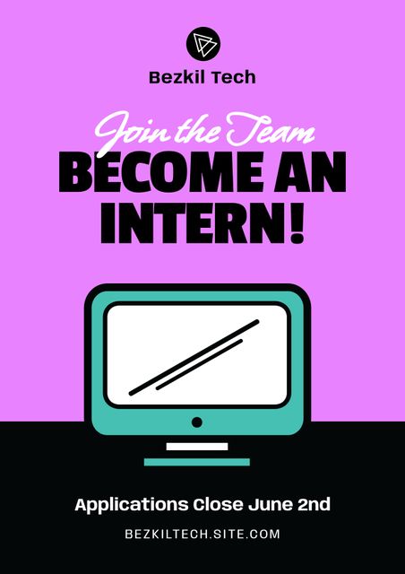 Energetic graphic for promoting internships at Bezkil Tech, perfect for attracting enthusiastic candidates through job boards, company websites, and social media platforms to apply for career-building opportunities by June 2nd.