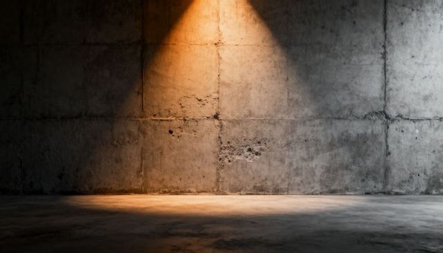 Spotlight Illuminating Textured Concrete Wall and Empty Industrial Floor