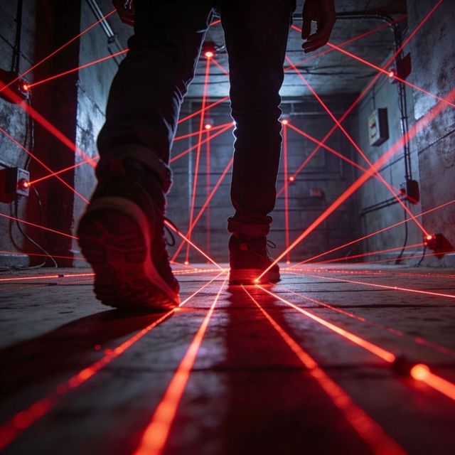 Stepping through laser grid: navigating industrial basement with red security beams